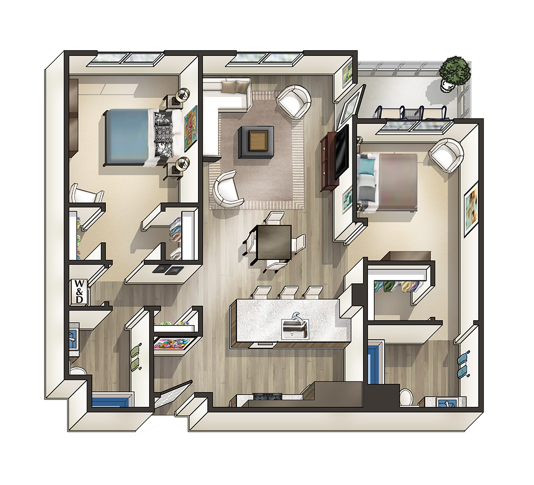 Floor plan for 2 beds, 2 baths, 1095 sqft